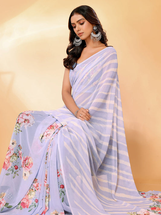 Janasya Lavender Georgette Floral Printed Saree | Swadesiicart