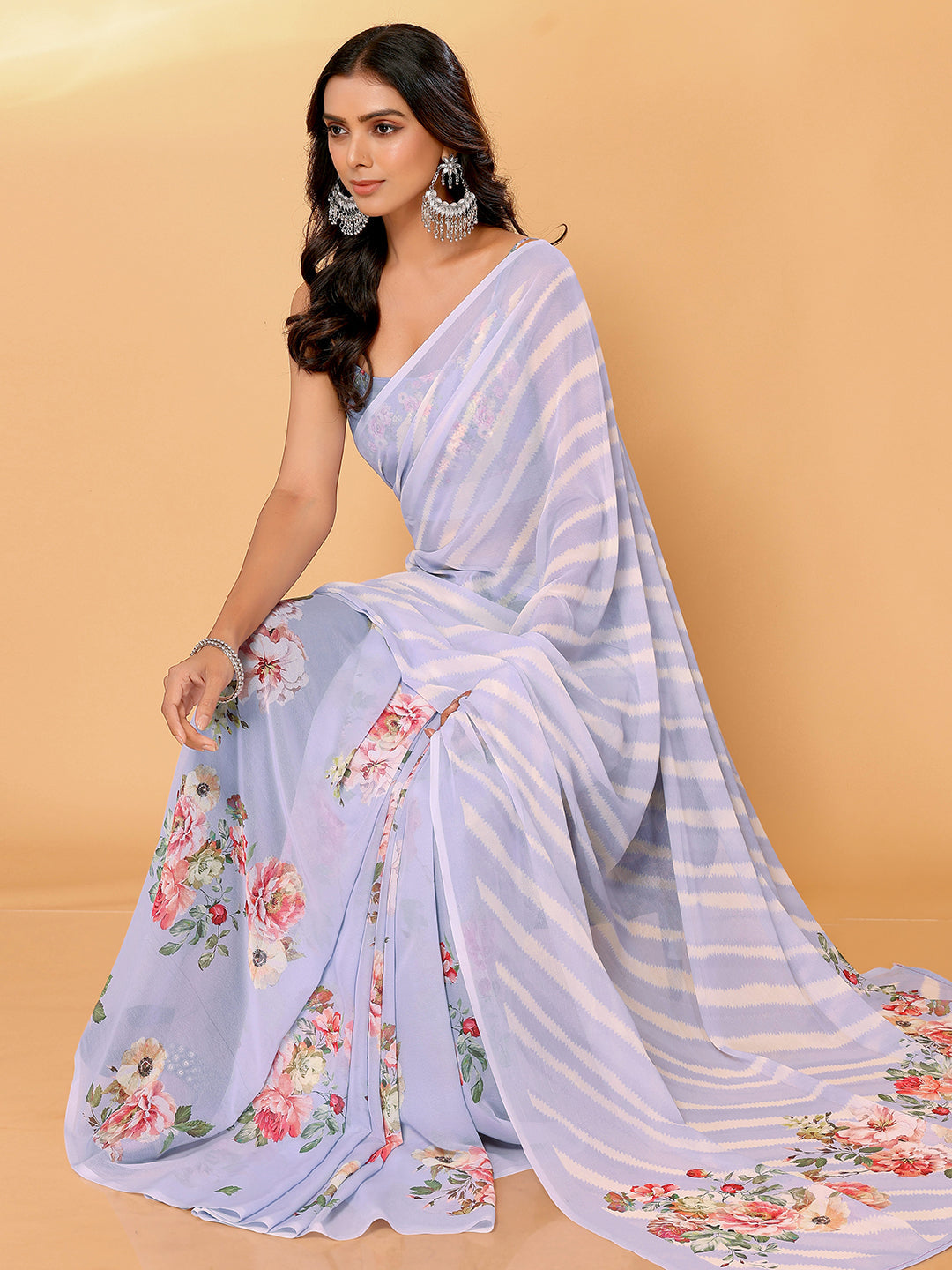 Janasya Lavender Georgette Floral Printed Saree | Swadesiicart