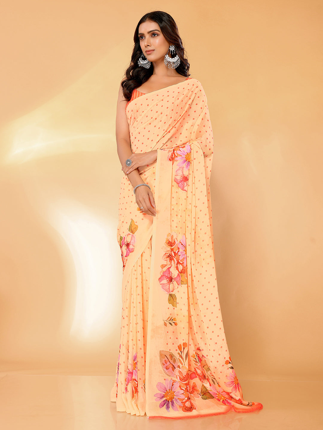 Janasya Peach Georgette Floral Printed Saree | Swadesiicart