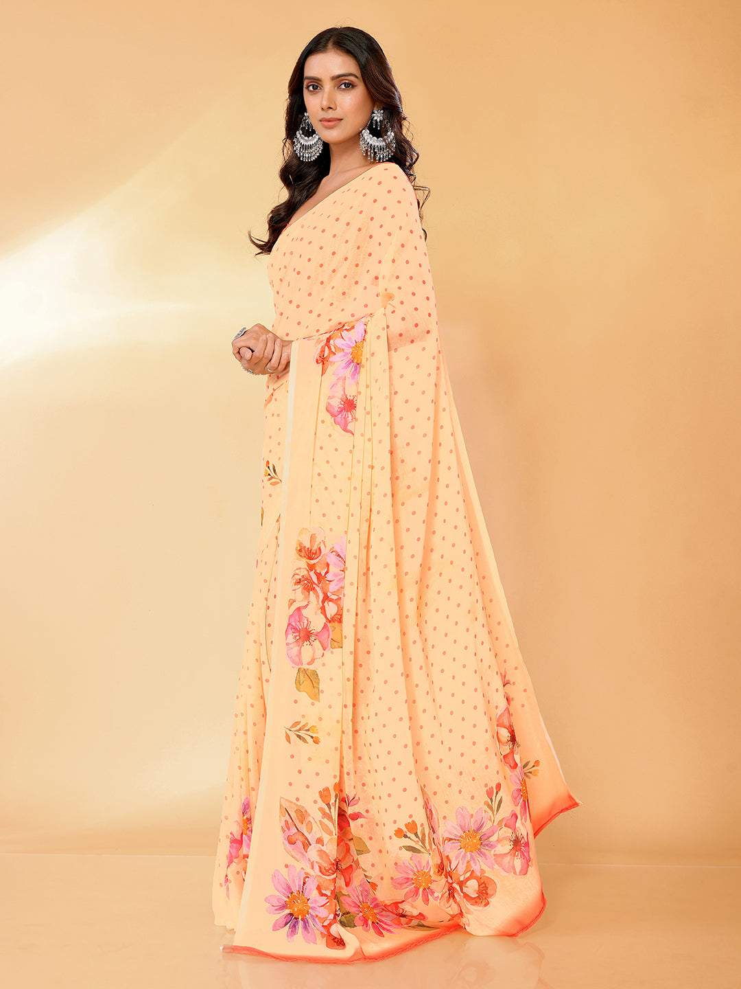Janasya Peach Georgette Floral Printed Saree | Swadesiicart