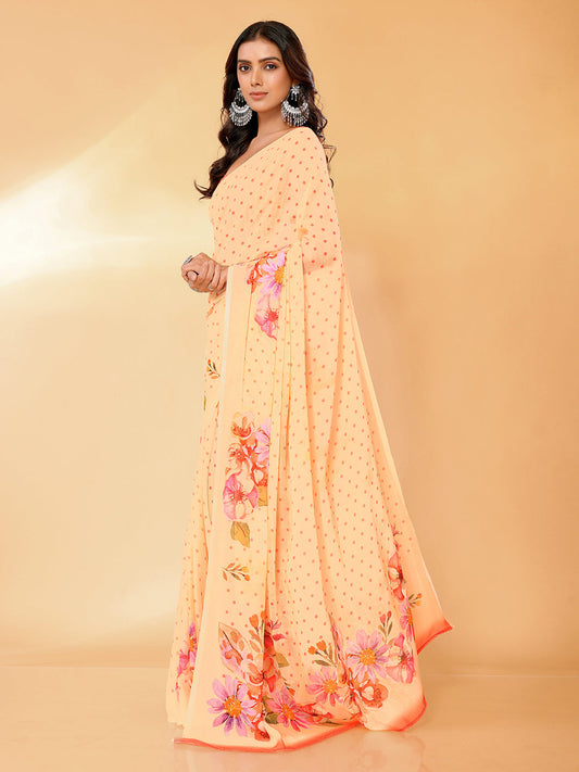 Janasya Peach Georgette Floral Printed Saree | Swadesiicart