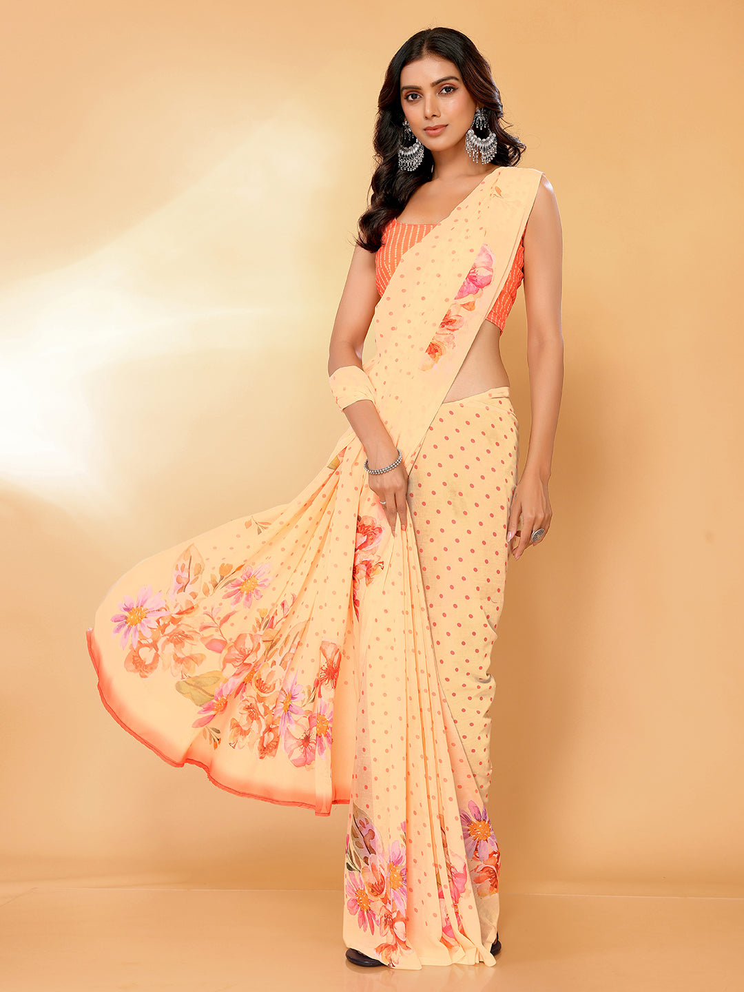 Janasya Peach Georgette Floral Printed Saree | Swadesiicart