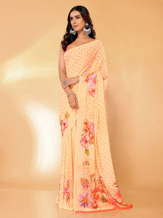 Janasya Peach Georgette Floral Printed Saree | Swadesiicart