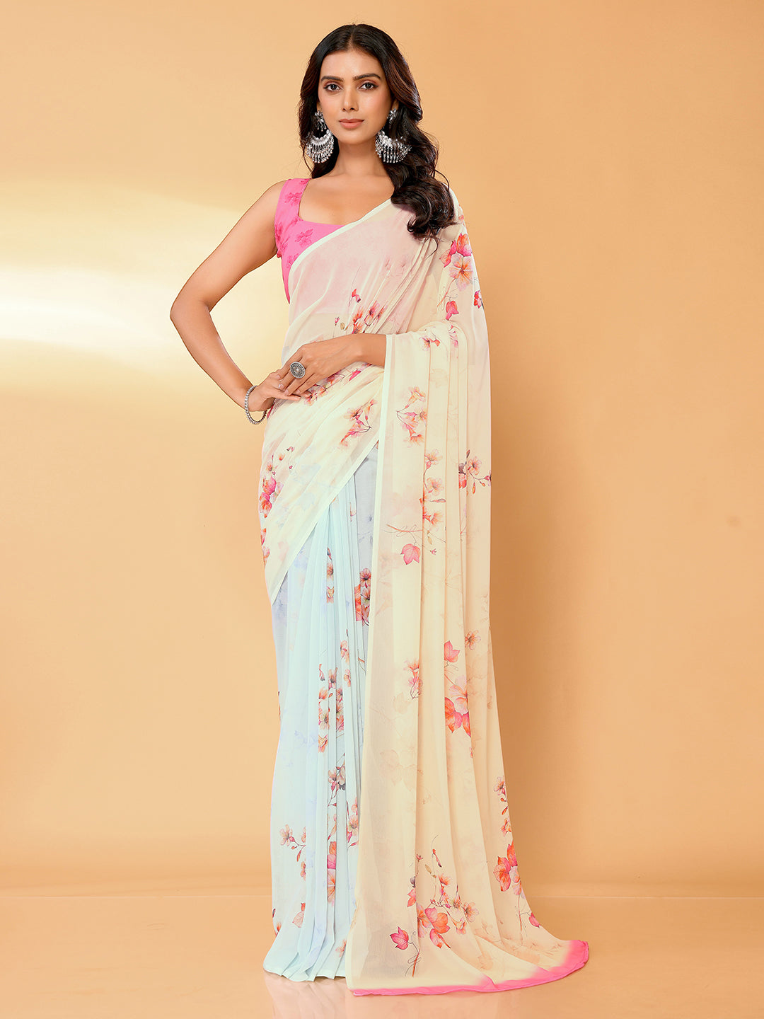 Janasya Peach Georgette Floral Printed Saree | Swadesiicart