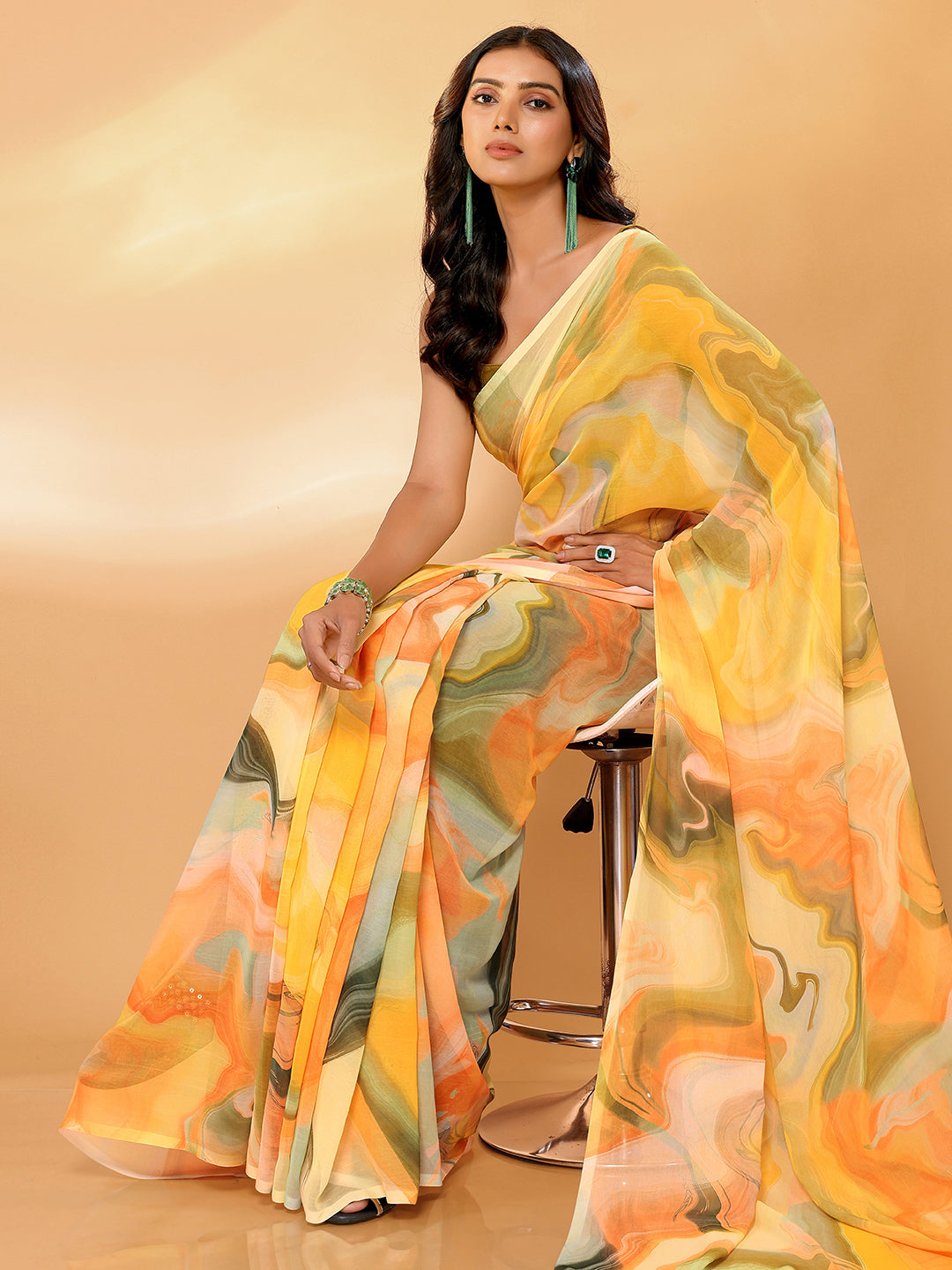 Janasya Multicolor Georgette Abstract Printed Saree | Swadesiicart