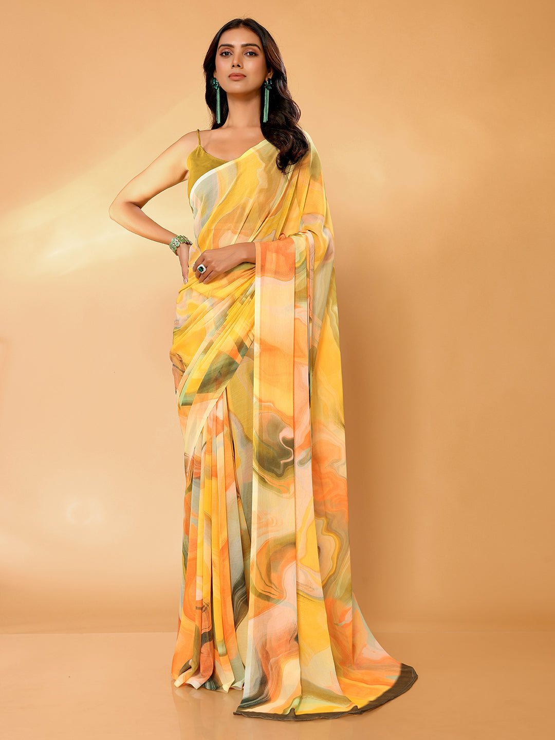 Janasya Multicolor Georgette Abstract Printed Saree | Swadesiicart
