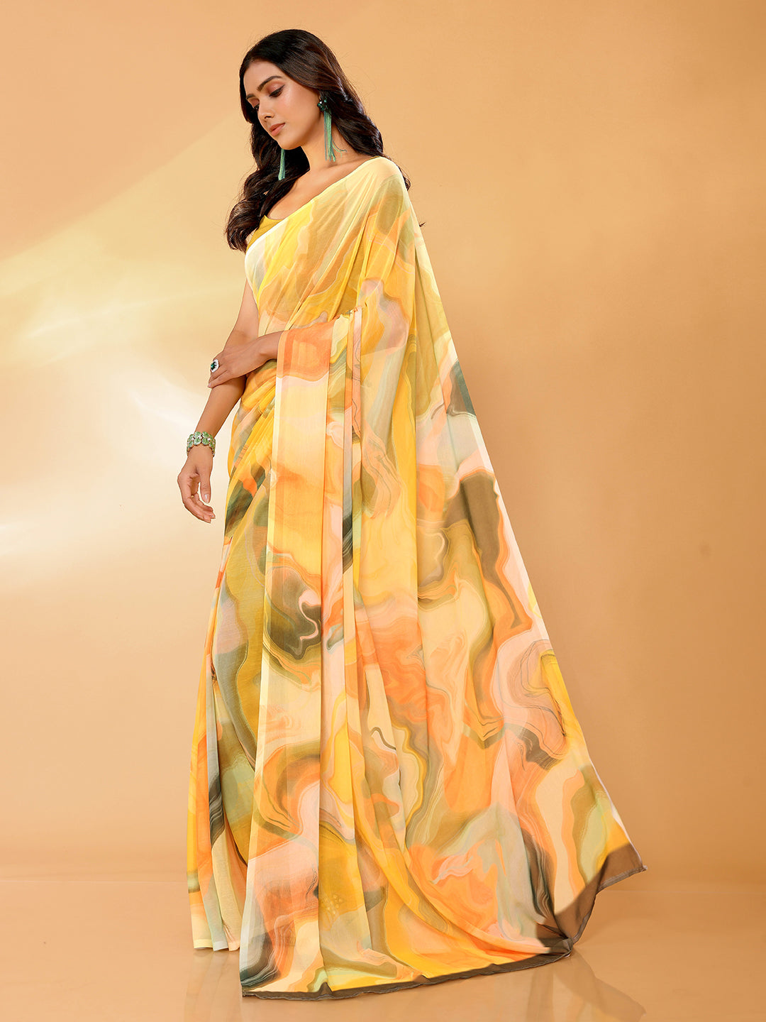 Janasya Multicolor Georgette Abstract Printed Saree | Swadesiicart