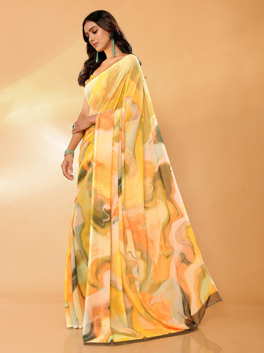 Janasya Multicolor Georgette Abstract Printed Saree | Swadesiicart