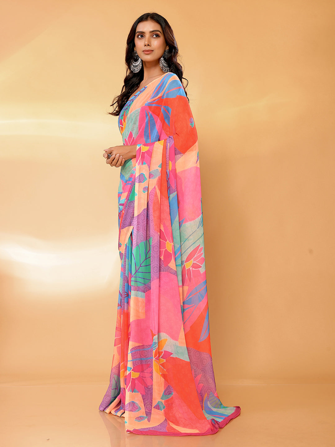 Janasya Multicolor Georgette Tropical Printed Saree | Swadesiicart