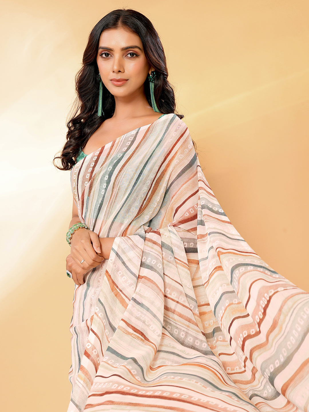 Janasya Beige Georgette Leheriya Printed Saree | Swadesiicart