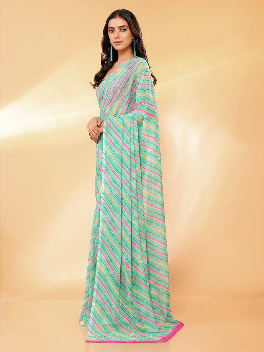 Janasya Sage Green Georgette Leheriya Printed Saree | Swadesiicart