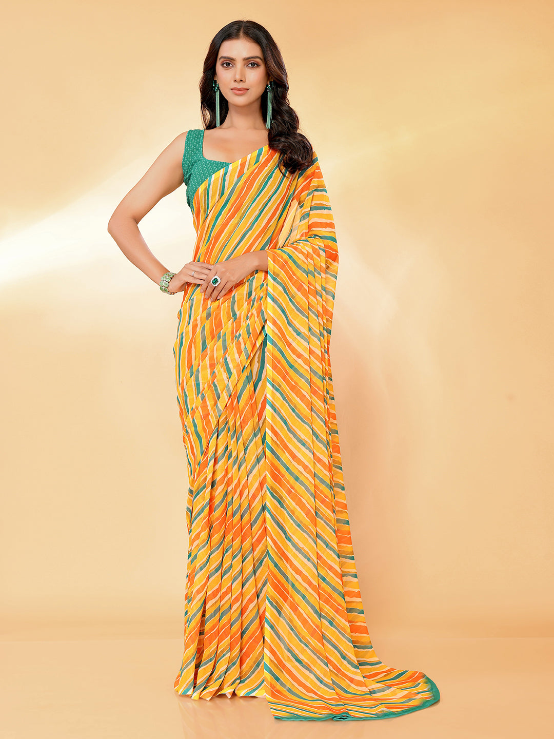 Janasya Orange Georgette Leheriya Printed Saree | Swadesiicart