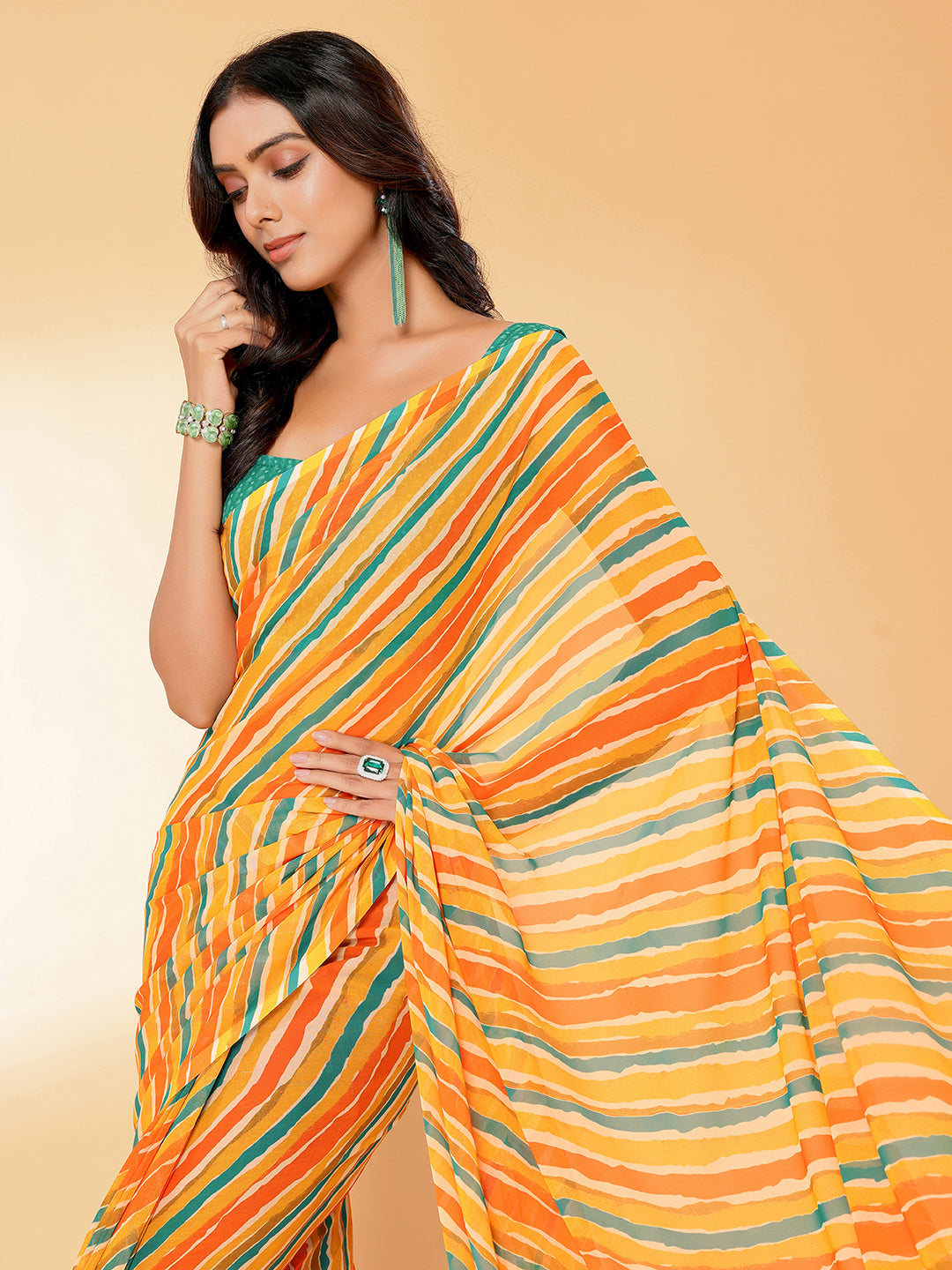 Janasya Orange Georgette Leheriya Printed Saree | Swadesiicart