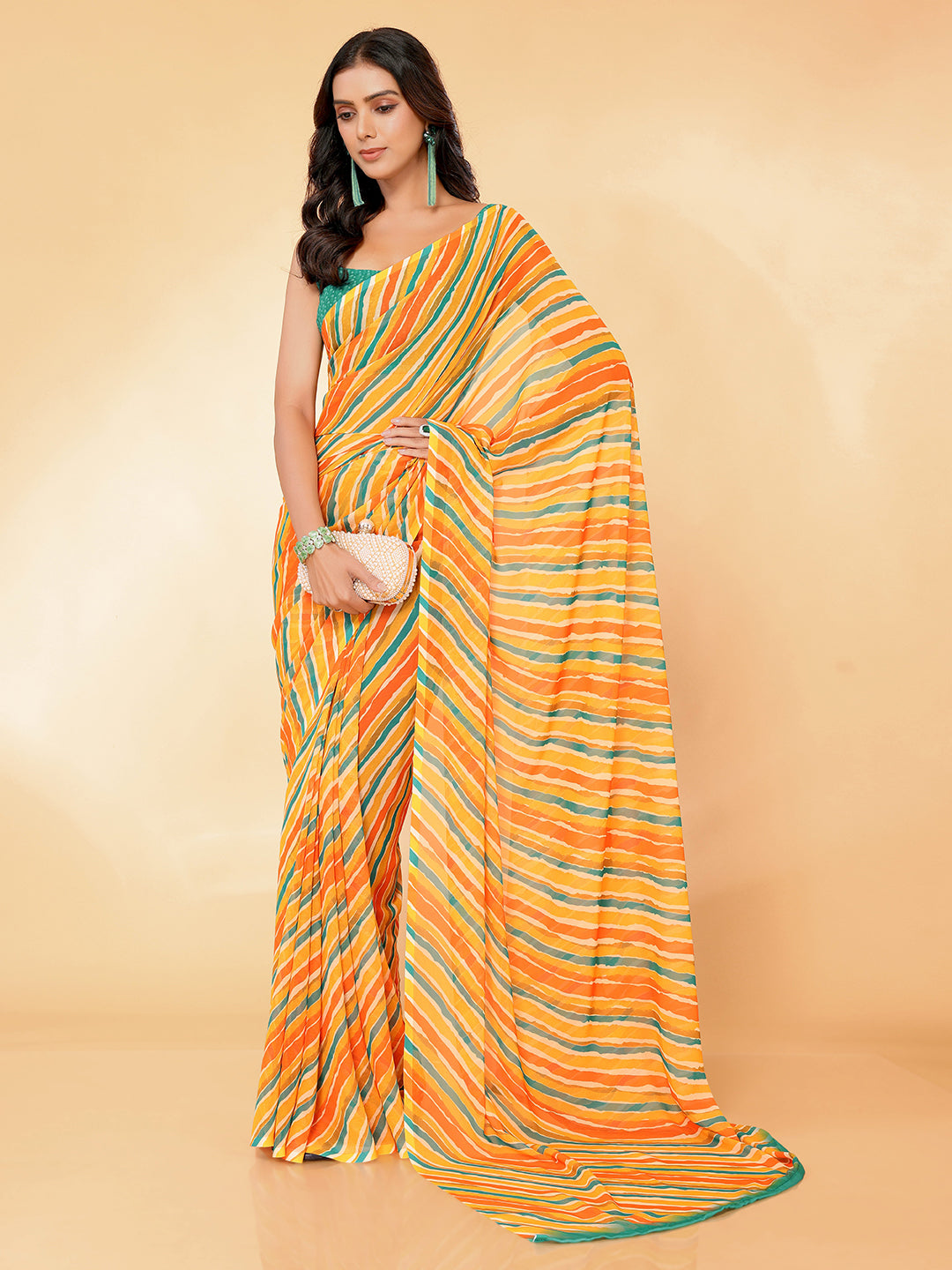 Janasya Orange Georgette Leheriya Printed Saree | Swadesiicart