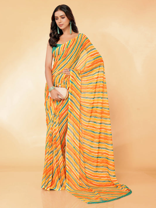 Janasya Orange Georgette Leheriya Printed Saree | Swadesiicart