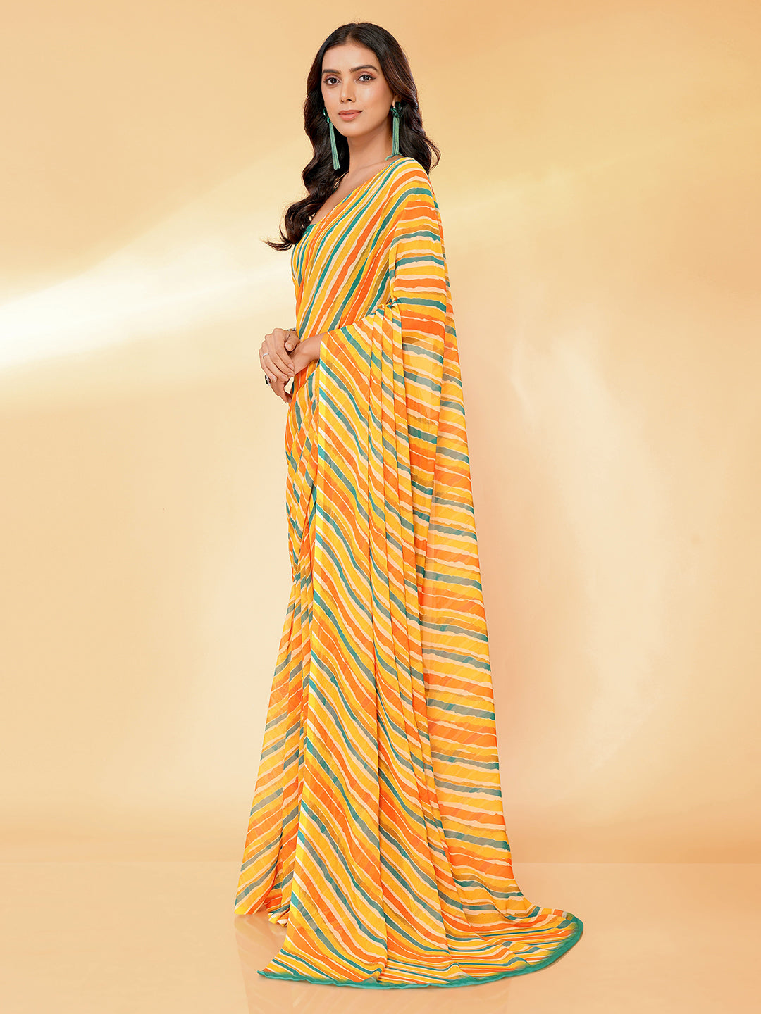 Janasya Orange Georgette Leheriya Printed Saree | Swadesiicart