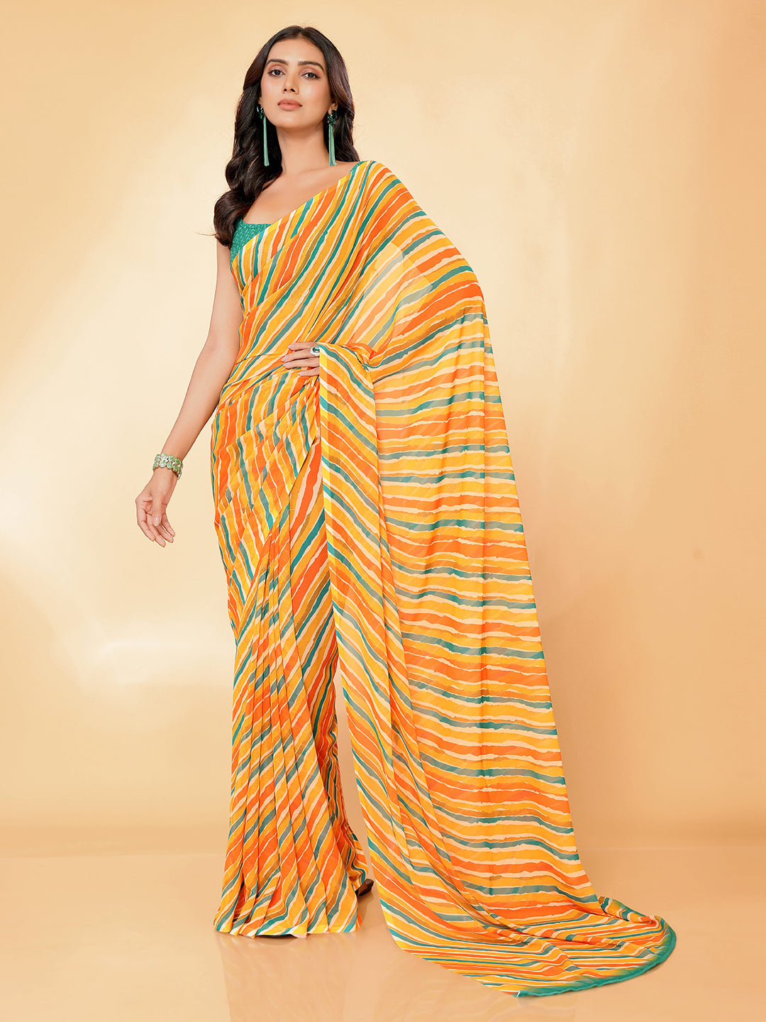 Janasya Orange Georgette Leheriya Printed Saree | Swadesiicart