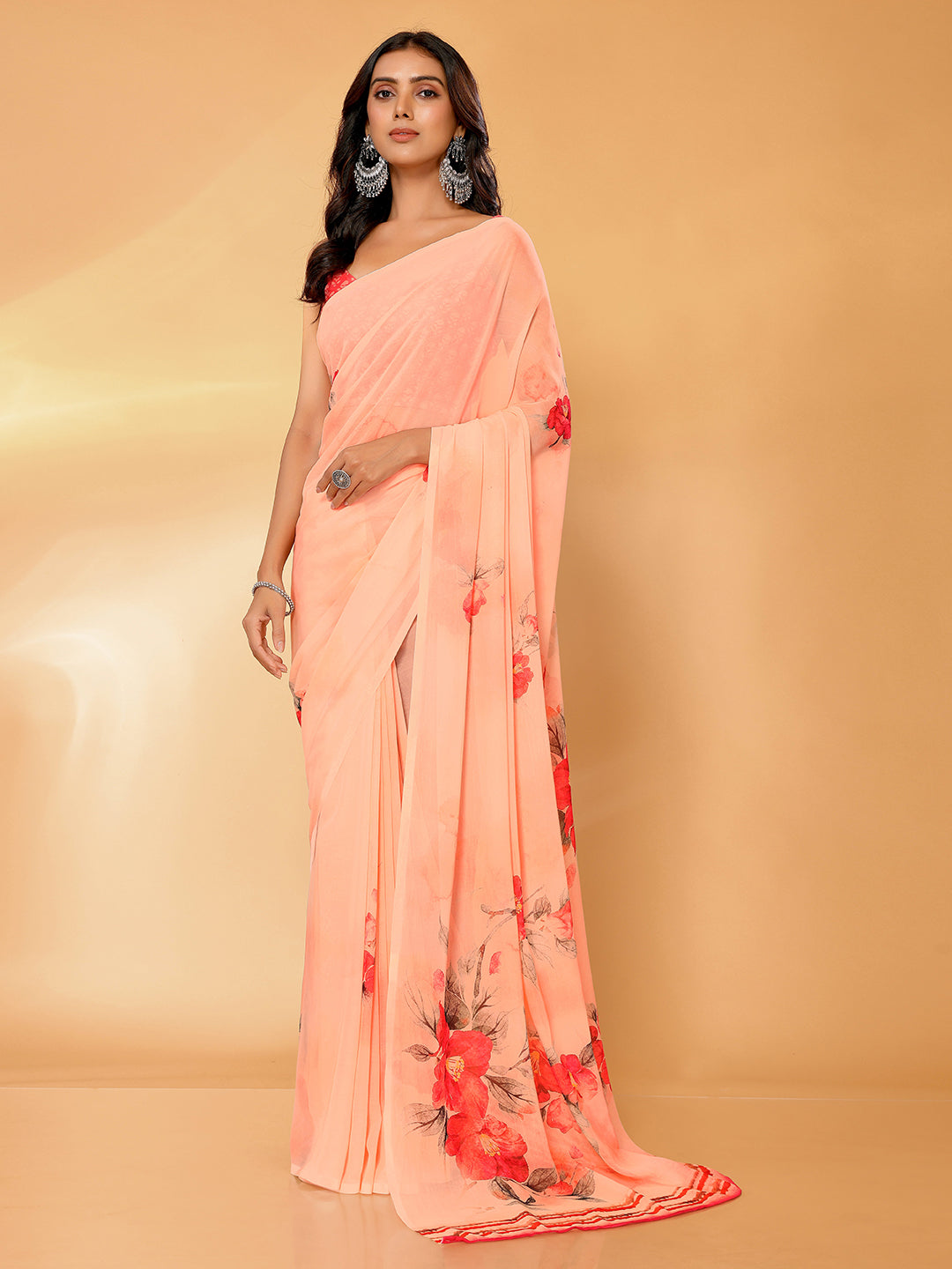 Janasya Peach Georgette Floral Printed Saree | Swadesiicart