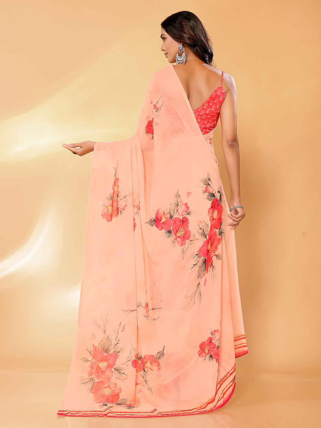 Janasya Peach Georgette Floral Printed Saree | Swadesiicart
