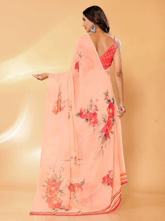 Janasya Peach Georgette Floral Printed Saree | Swadesiicart
