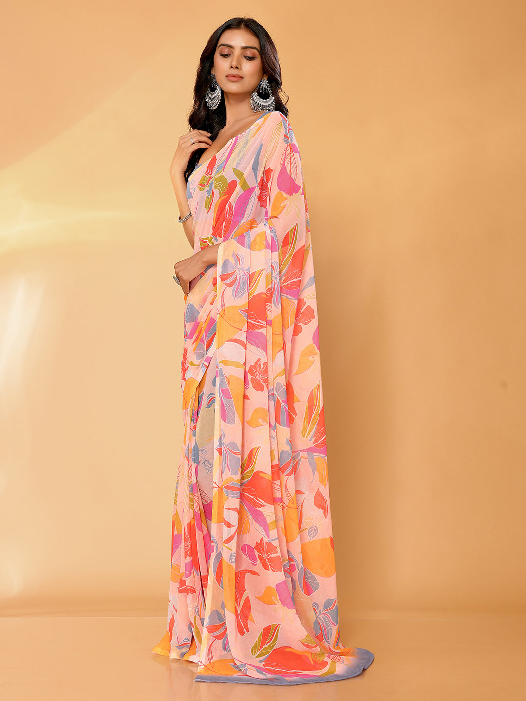 Janasya Peach Georgette Tropical Printed Saree | Swadesiicart
