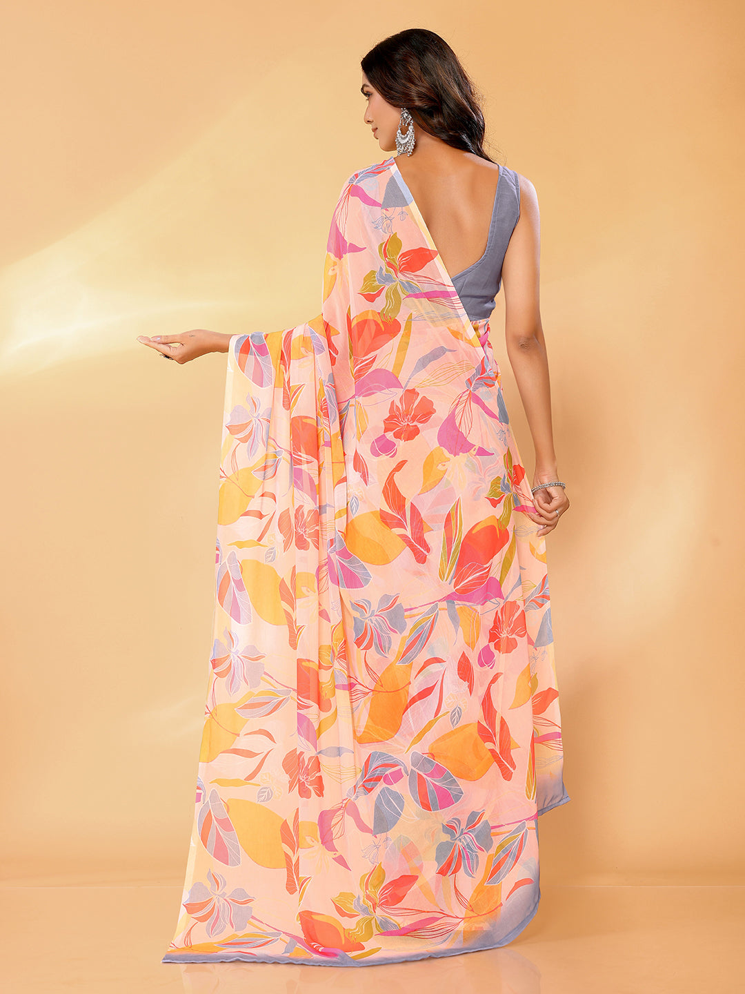 Janasya Peach Georgette Tropical Printed Saree | Swadesiicart