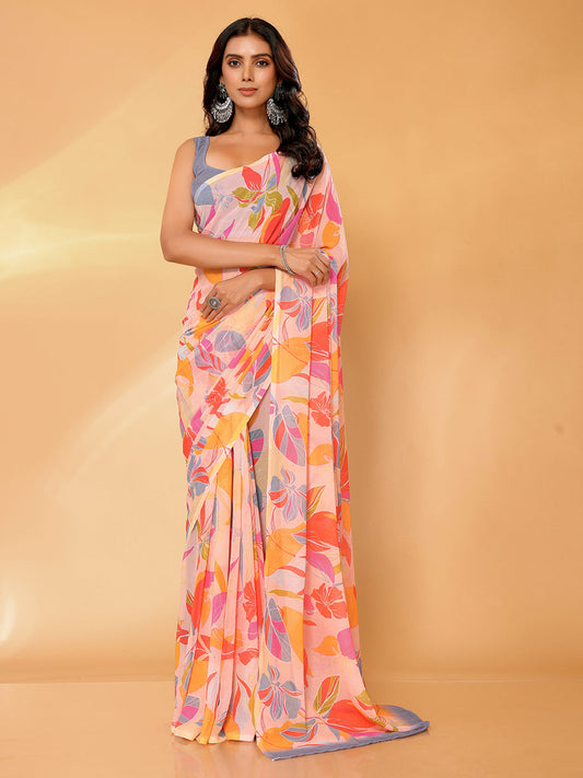 Janasya Peach Georgette Tropical Printed Saree | Swadesiicart