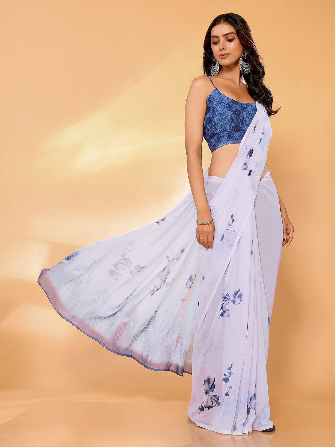 Janasya White Georgette Floral Printed Saree | Swadesiicart