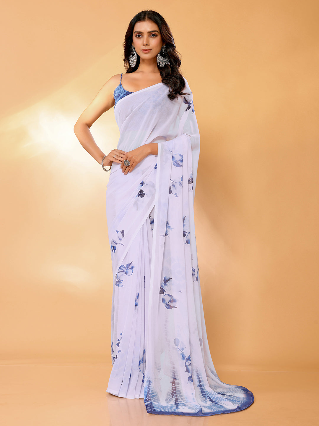 Janasya White Georgette Floral Printed Saree | Swadesiicart