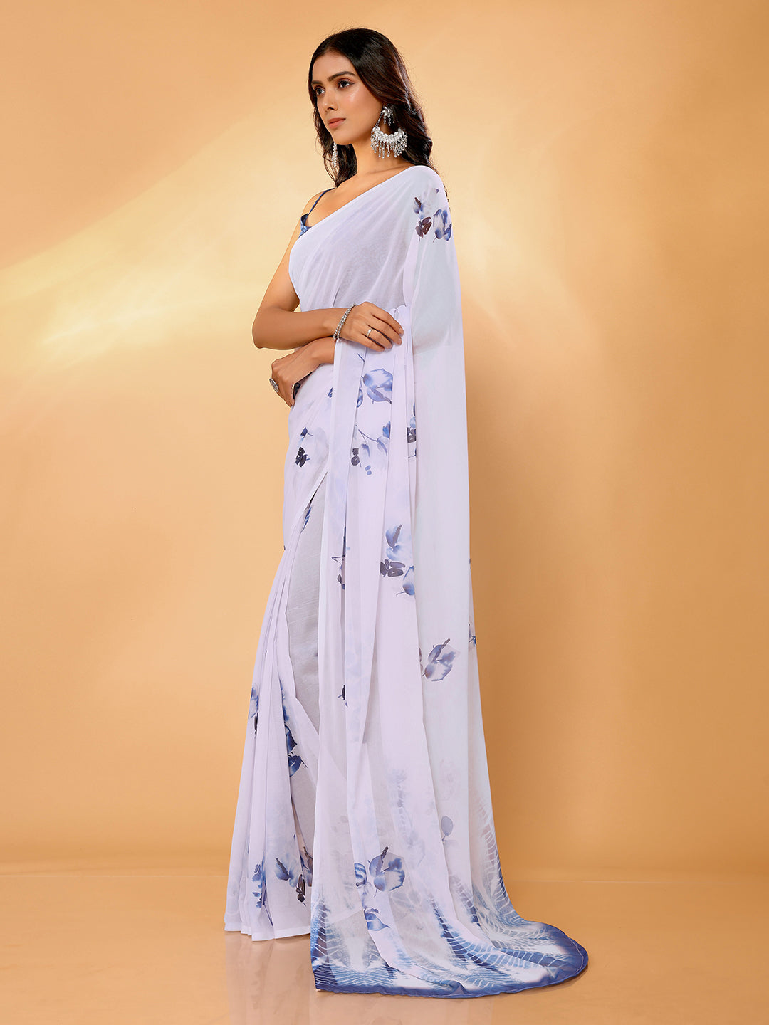 Janasya White Georgette Floral Printed Saree | Swadesiicart