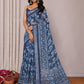 Janasya Navy Blue Cotton Linen Floral Printed Saree | Swadesiicart