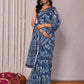 Janasya Navy Blue Cotton Linen Floral Printed Saree | Swadesiicart