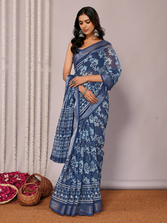 Janasya Navy Blue Cotton Linen Floral Printed Saree | Swadesiicart