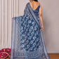 Janasya Navy Blue Cotton Linen Floral Printed Saree | Swadesiicart
