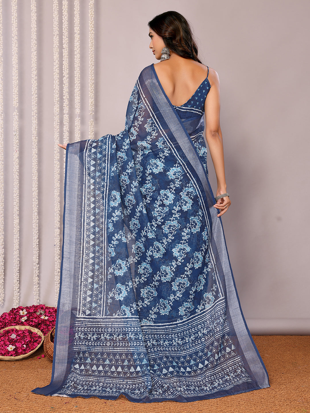 Janasya Navy Blue Cotton Linen Floral Printed Saree | Swadesiicart