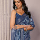 Janasya Navy Blue Cotton Linen Floral Printed Saree | Swadesiicart