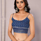 Janasya Navy Blue Cotton Linen Floral Printed Saree | Swadesiicart