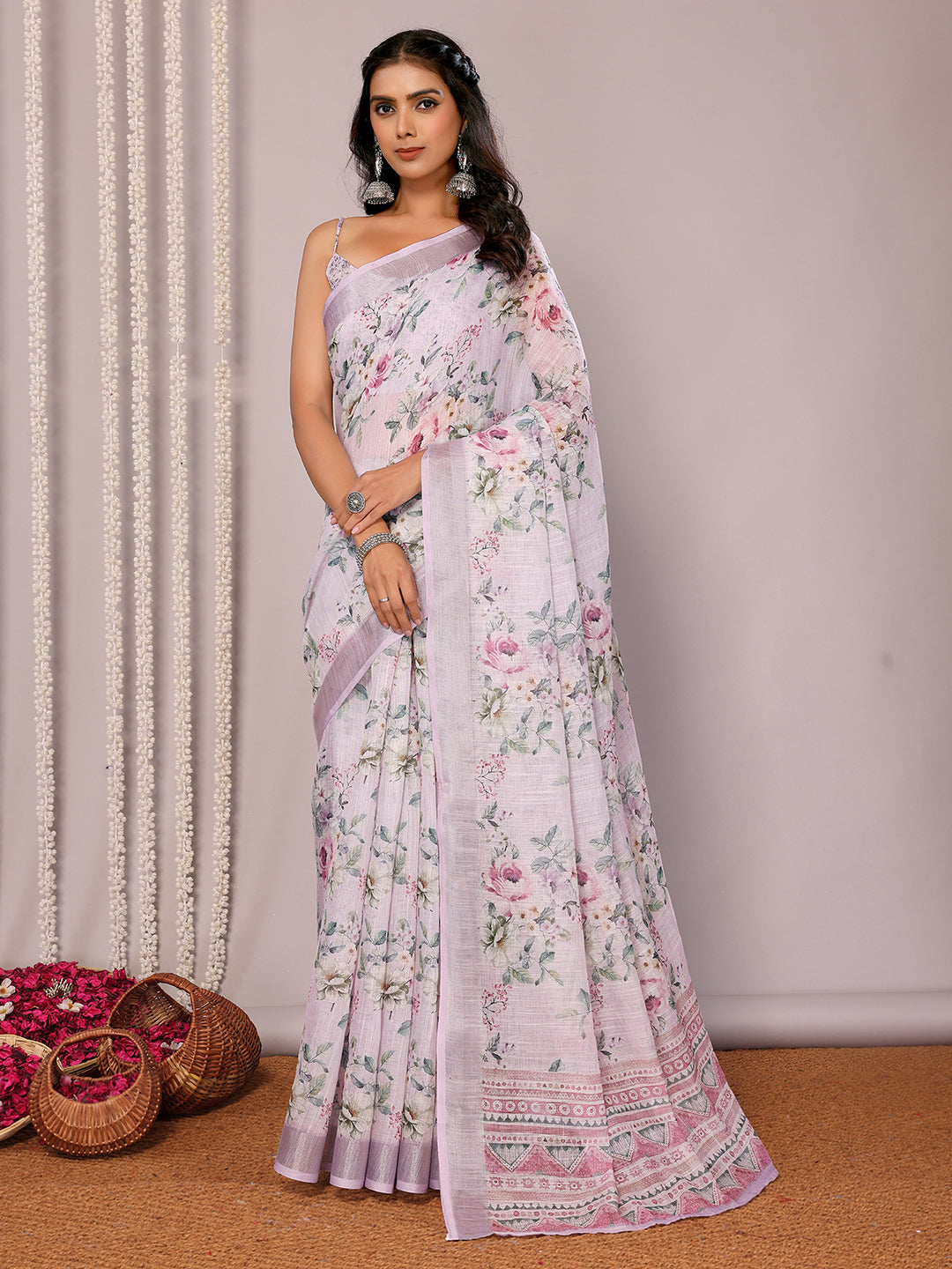Janasya Lavender Cotton Linen Floral Printed Saree | Swadesiicart