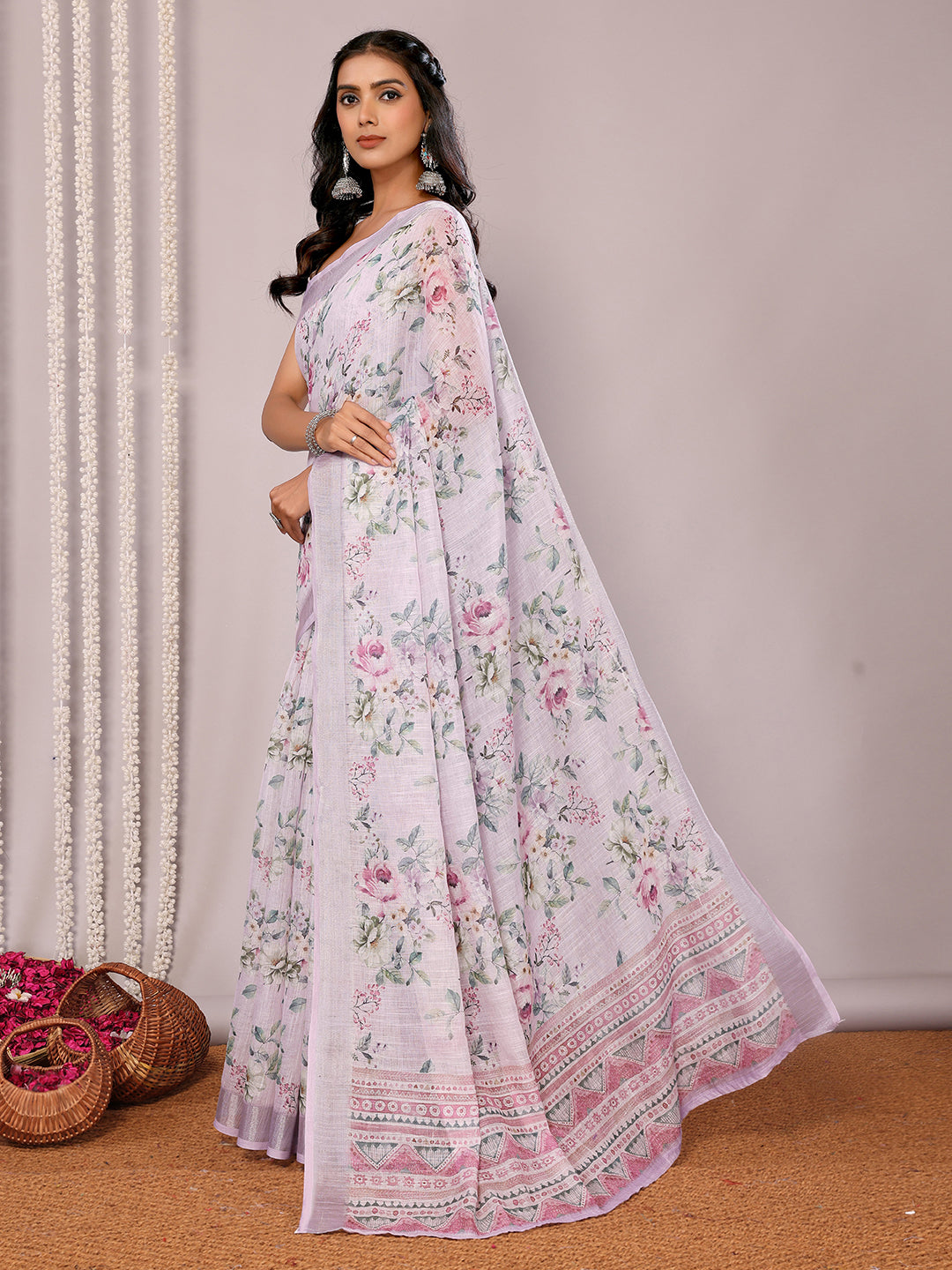 Janasya Lavender Cotton Linen Floral Printed Saree | Swadesiicart