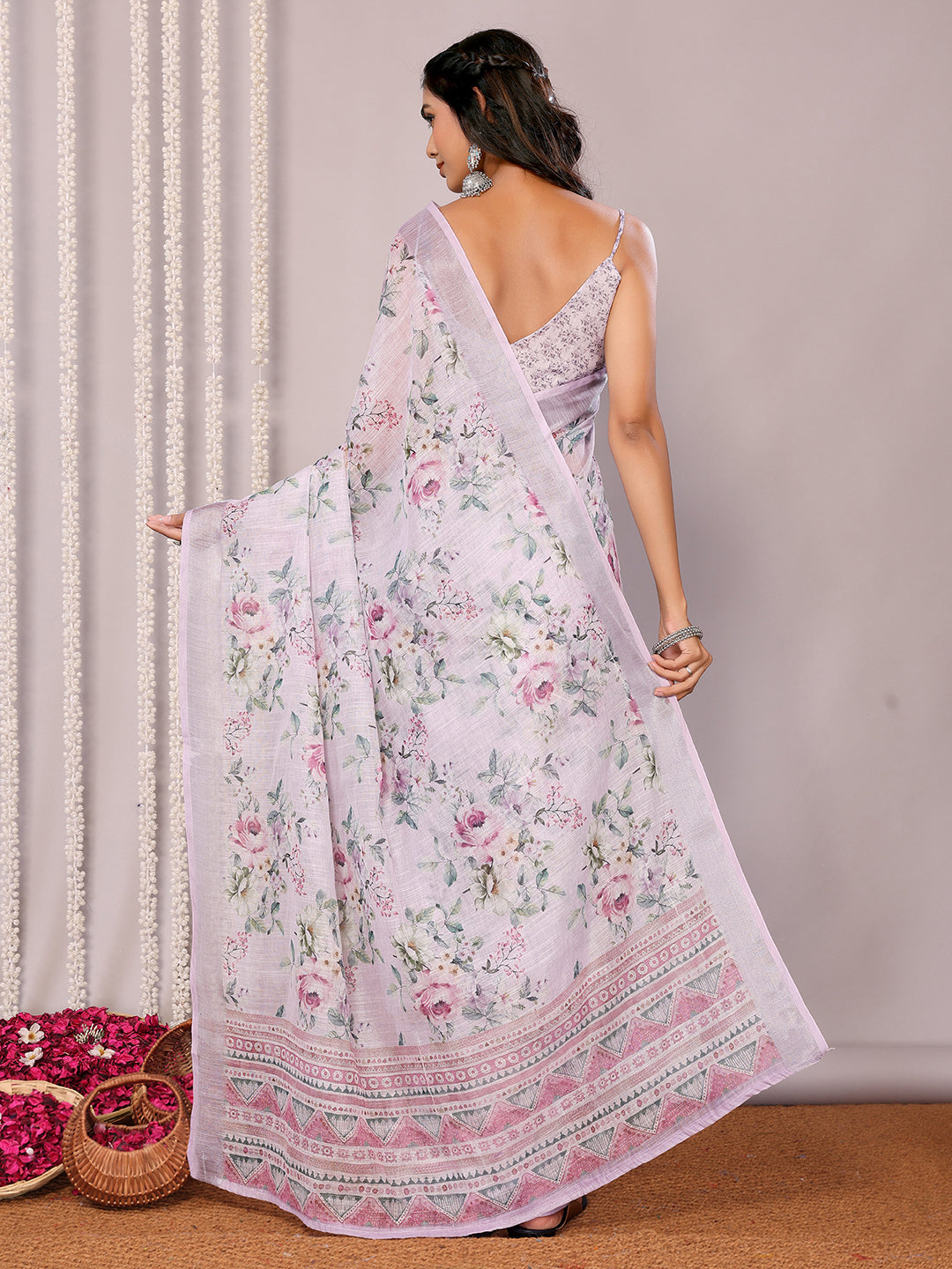 Janasya Lavender Cotton Linen Floral Printed Saree | Swadesiicart