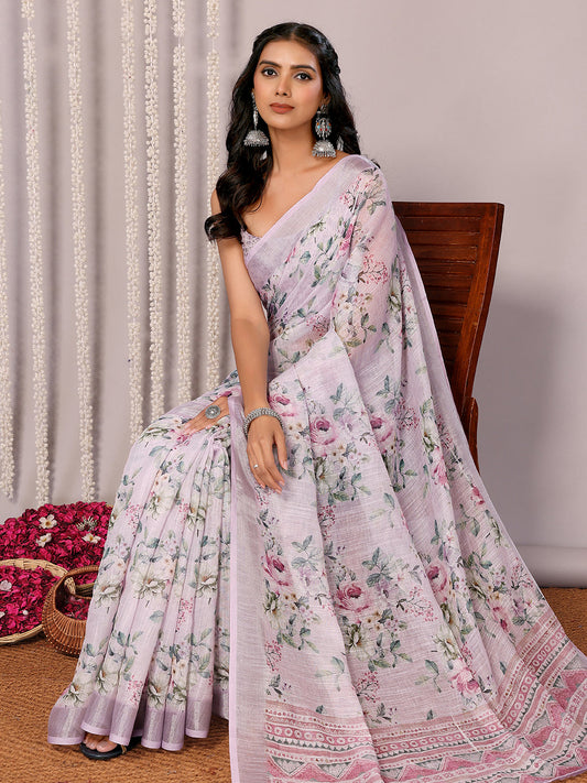 Janasya Lavender Cotton Linen Floral Printed Saree | Swadesiicart