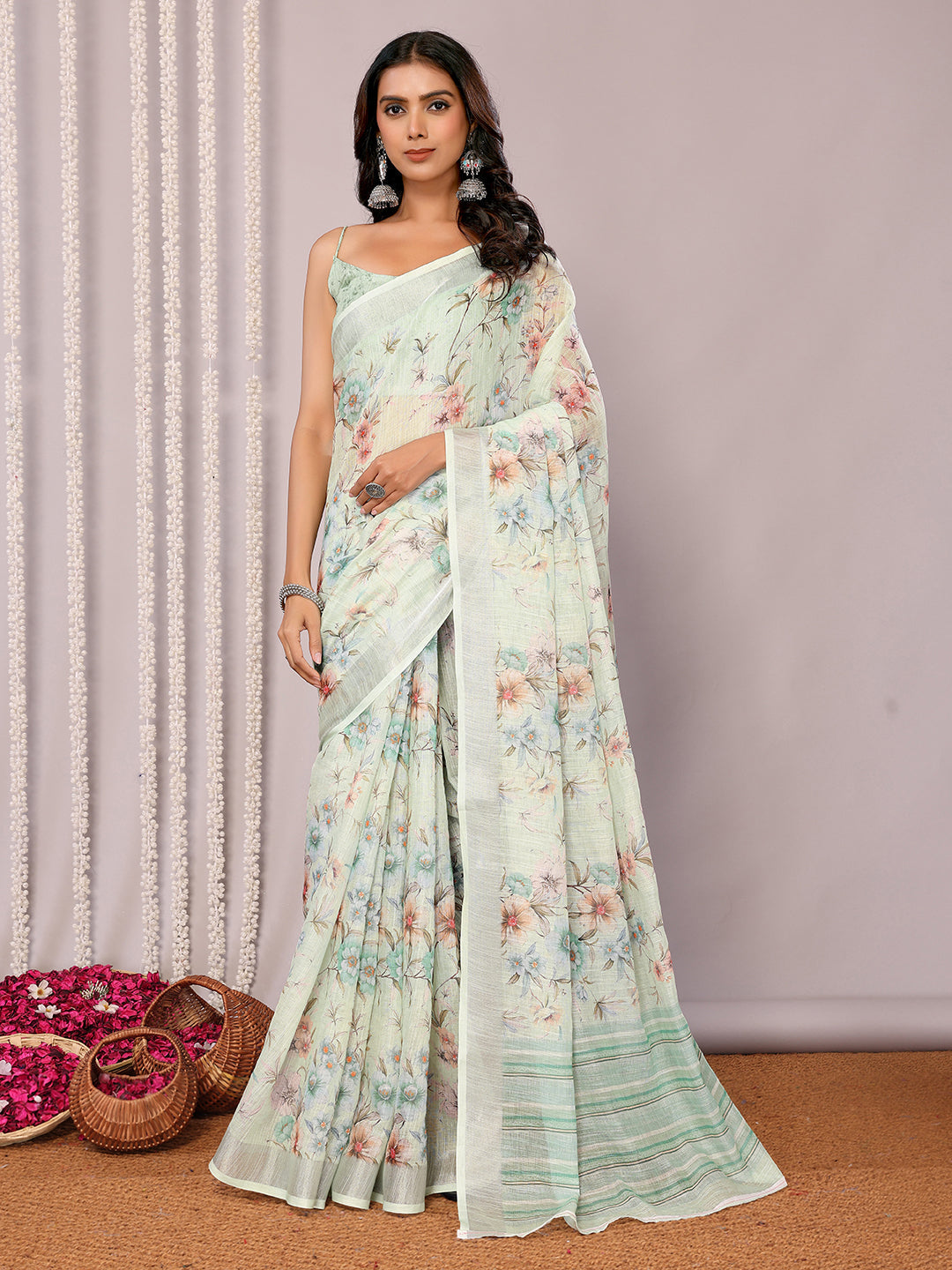 Janasya Light Green Cotton Linen Floral Printed Saree | Swadesiicart