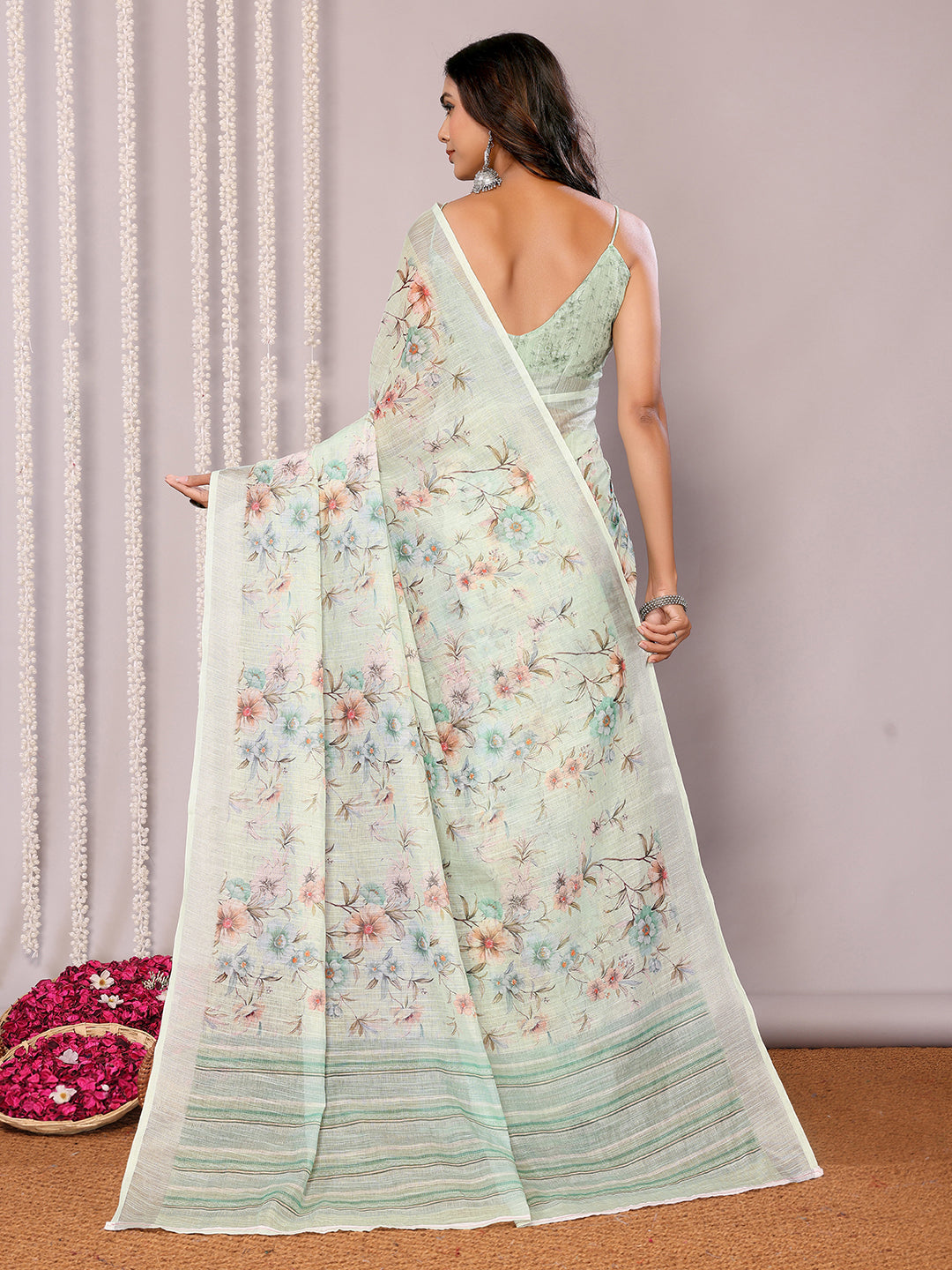 Janasya Light Green Cotton Linen Floral Printed Saree | Swadesiicart
