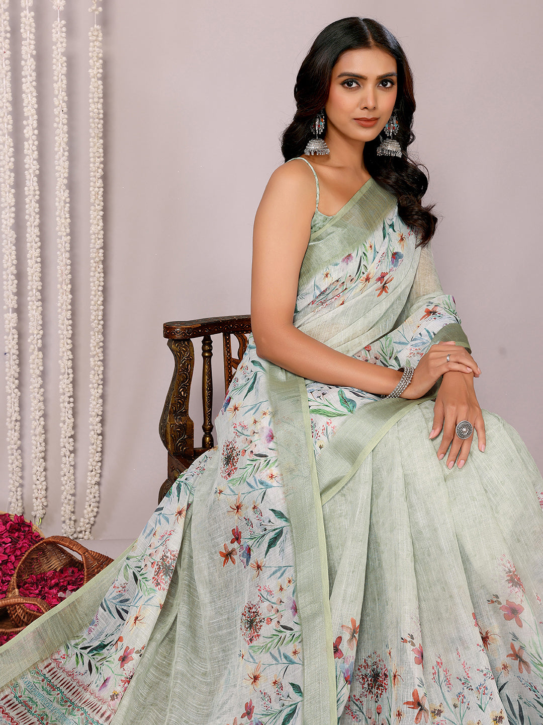 Janasya Light Green Cotton Linen Floral Printed Saree | Swadesiicart