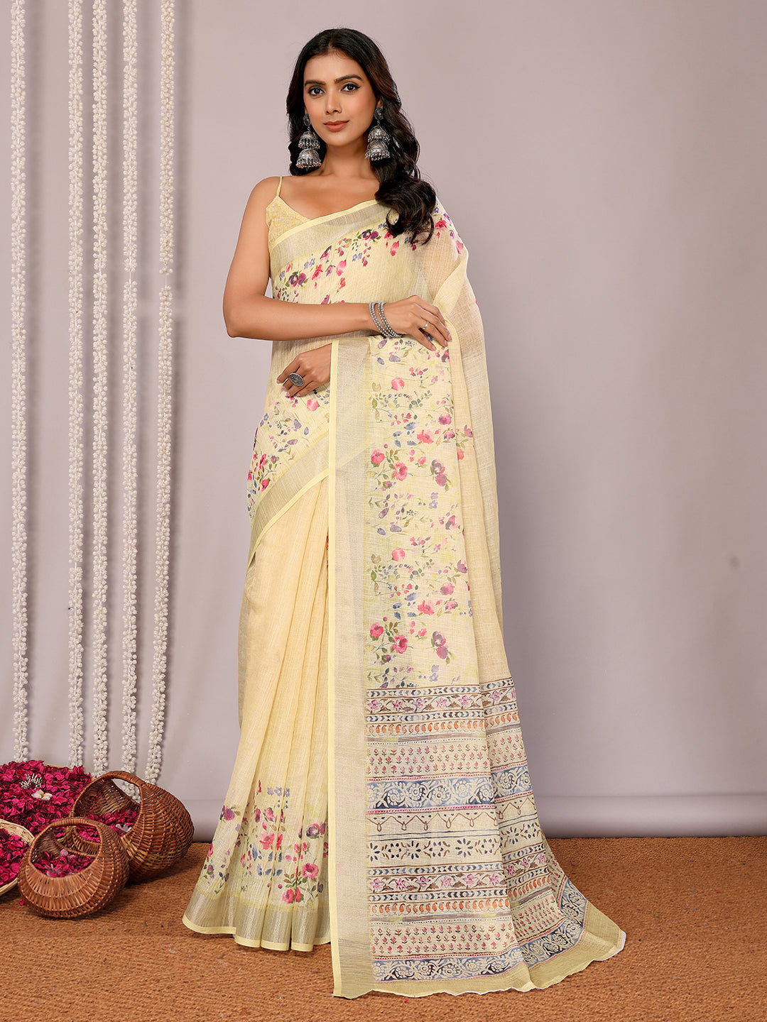Janasya Light Yellow Cotton Linen Floral Printed Saree | Swadesiicart