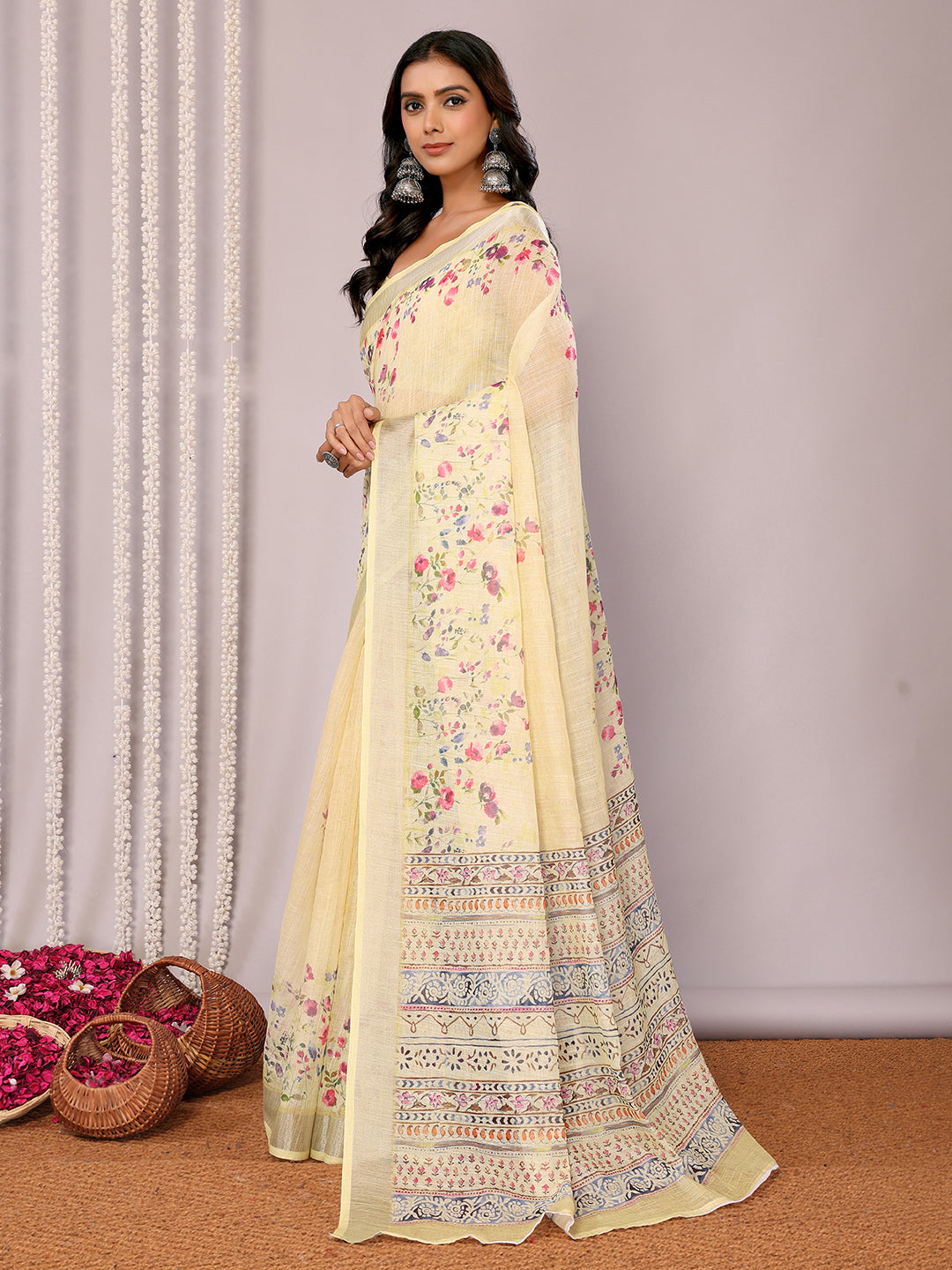 Janasya Light Yellow Cotton Linen Floral Printed Saree | Swadesiicart