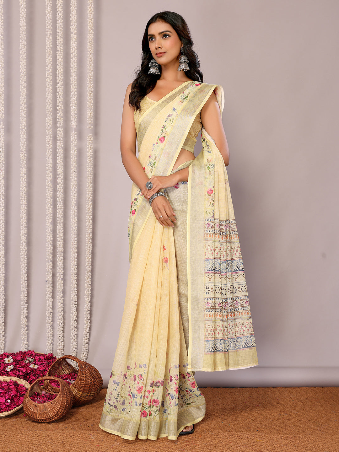 Janasya Light Yellow Cotton Linen Floral Printed Saree | Swadesiicart