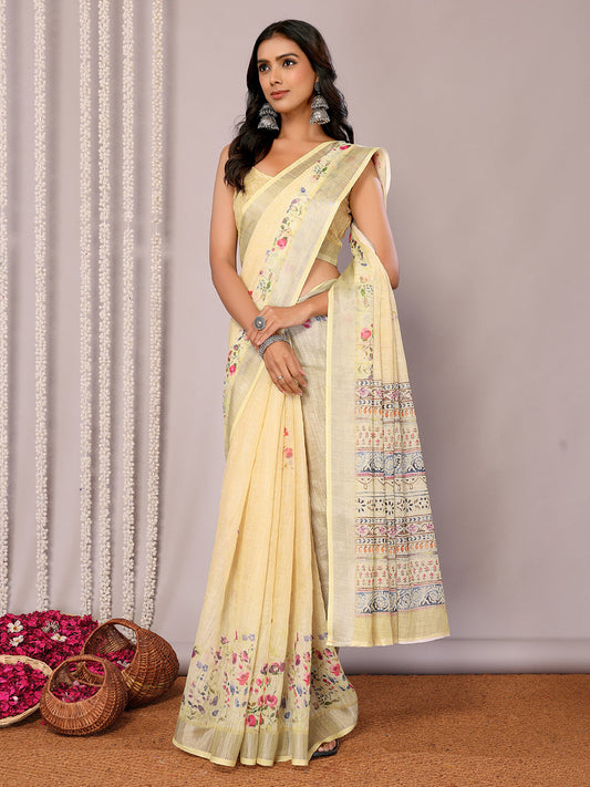 Janasya Light Yellow Cotton Linen Floral Printed Saree | Swadesiicart