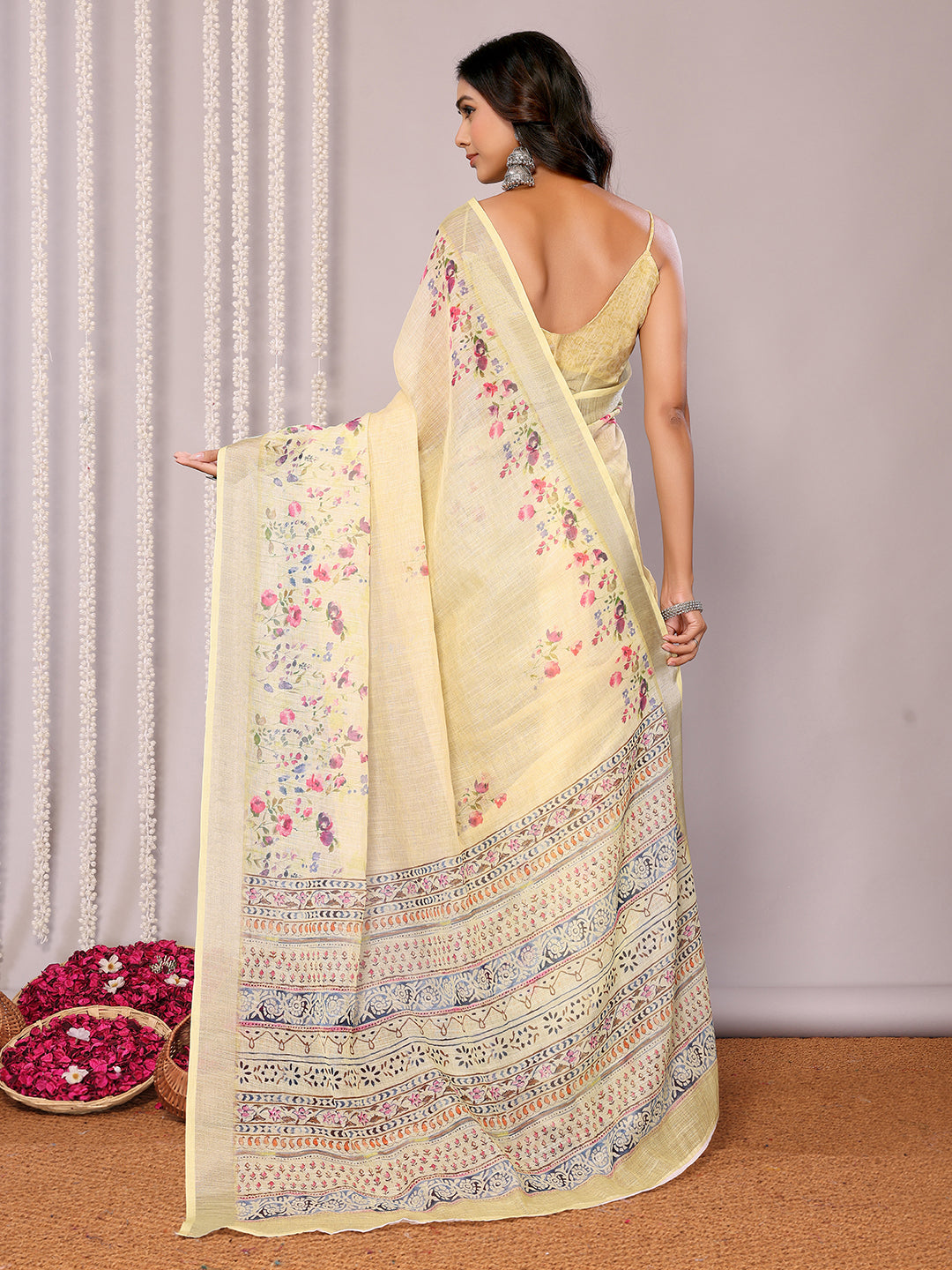 Janasya Light Yellow Cotton Linen Floral Printed Saree | Swadesiicart