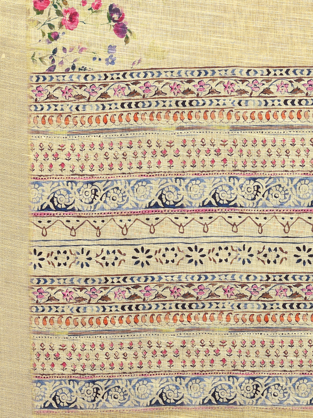 Janasya Light Yellow Cotton Linen Floral Printed Saree | Swadesiicart